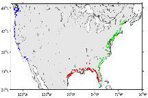 Figure 1: USGS stations used to derive river chemistry patterns. Green, red, and blue dots correspond to rivers discharging to the US East Coast, Gulf of Mexico, and US West Coast, respectively. Graphic submitted